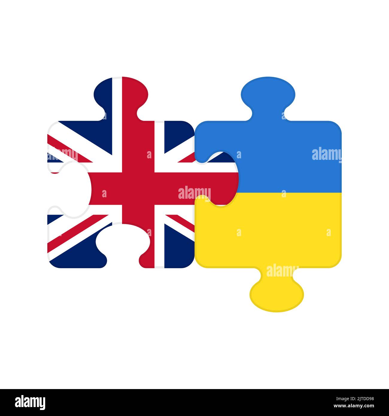 Puzzle pieces with flags of Great Britain and Ukraine. Parts with national symbols of European countries joining together in cooperation, friendship and dialogue between two partners London and Kyiv Stock Vector