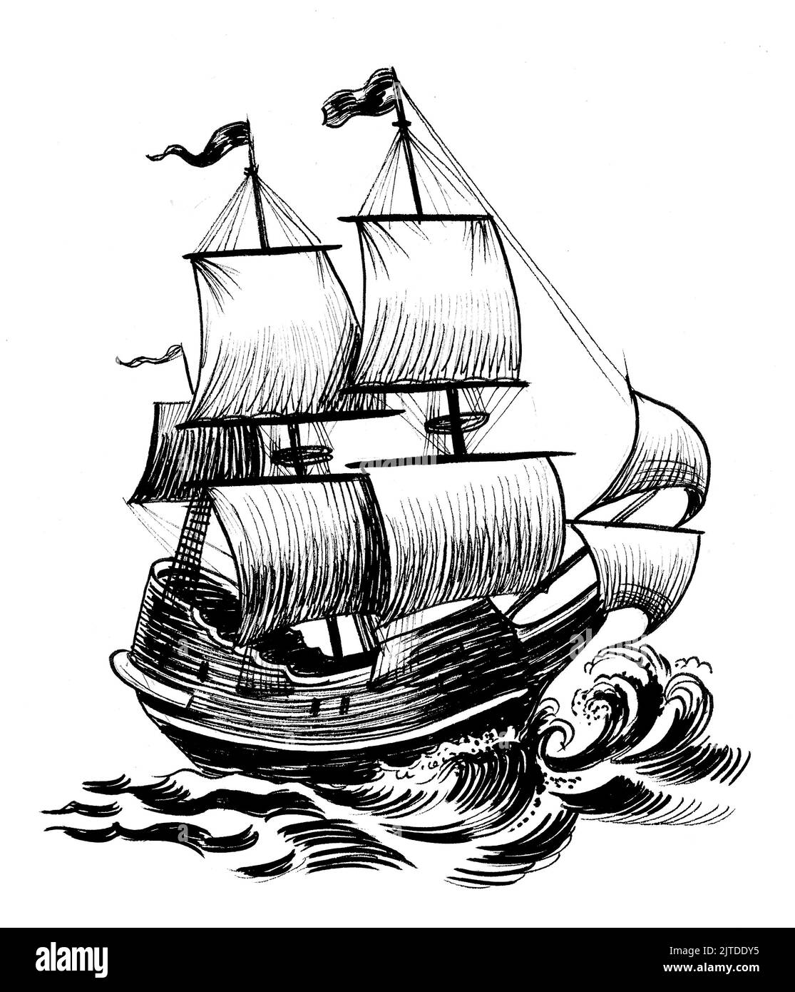 Ancient sailing ship in stormy sea. Ink black and white drawing Stock ...