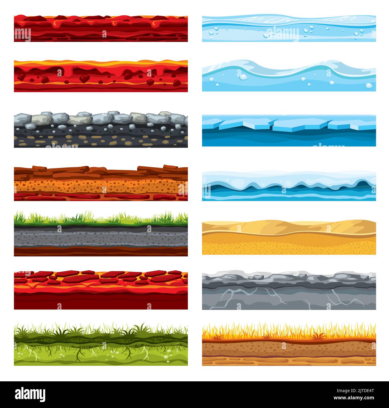 Soil ground layer, cartoon game level surface landscape. Game asset. Volcanic lava or magma, stone road, river water wave and ice, desert dunes, dry and green grass 2d game layer vector ground Stock Vector