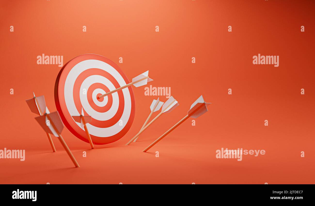 Target board with arrow on the red background and copy space for
