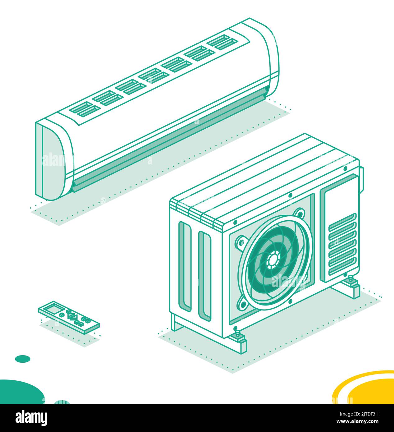 Air Conditioning System. Isometric Outline Concept. Outdoor Unit with Indoor and Remote Controller. Household Equipment for Cooling, Stock Vector