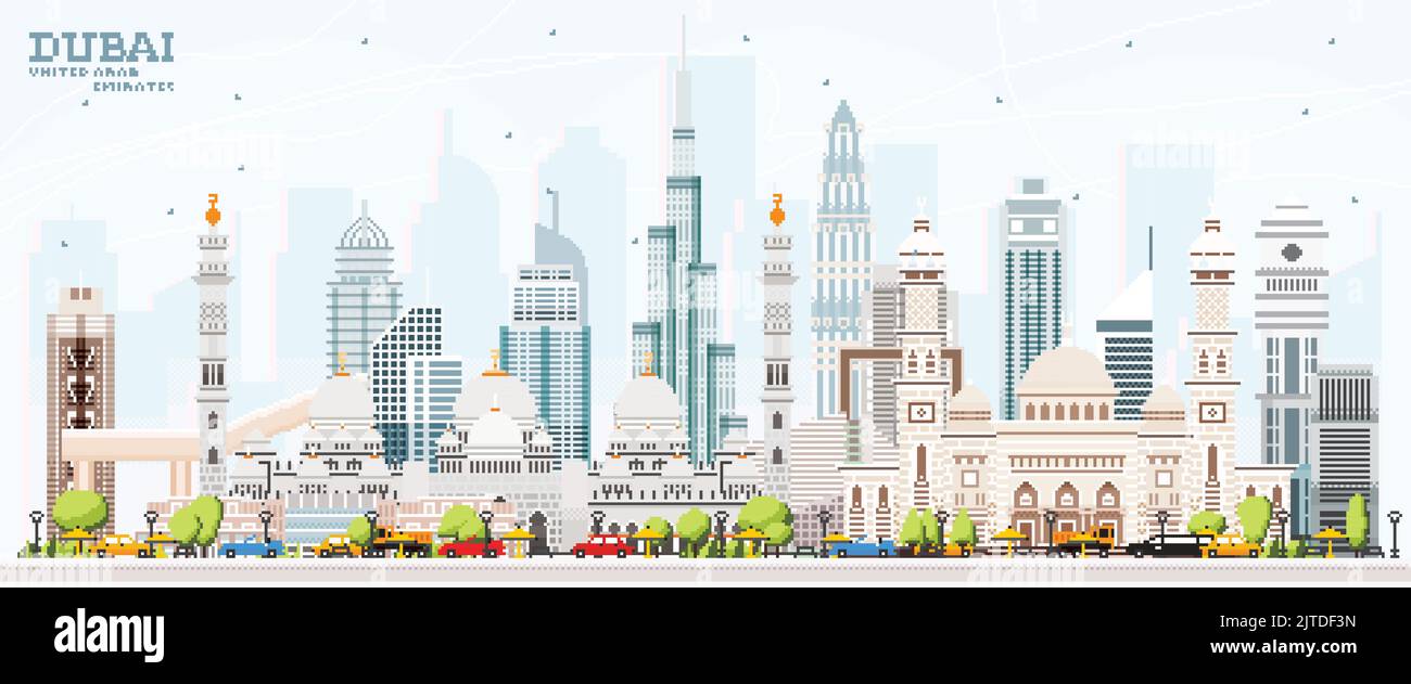 Dubai United Arab Emirates UAE City Skyline with Color Buildings and Blue Sky. Pixel Art. Vector Illustration. Stock Vector