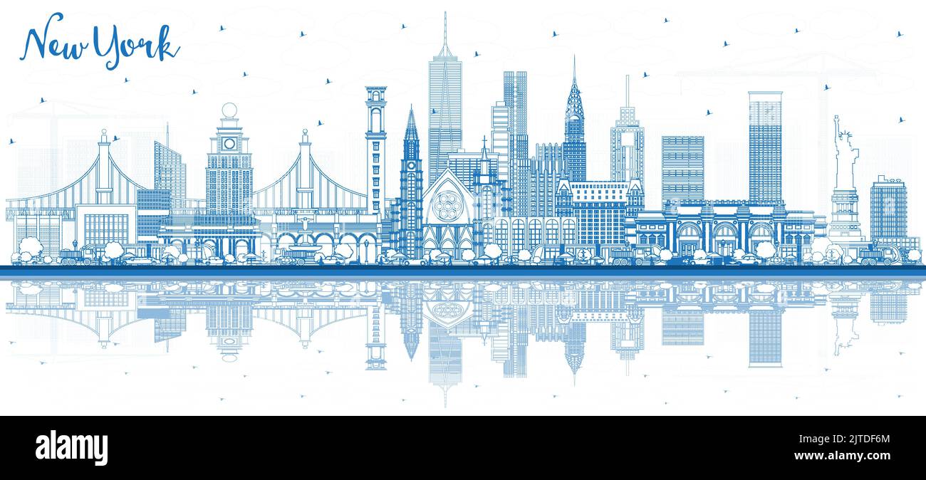 Outline New York USA City Skyline with Blue Buildings and Reflections. Vector Illustration. New York Cityscape with Landmarks. Stock Vector