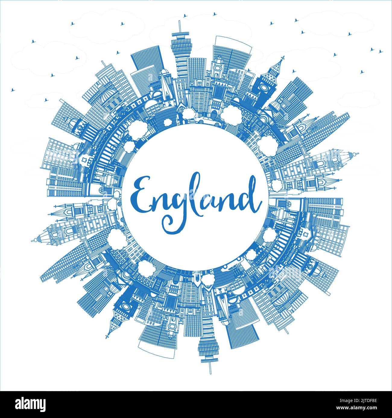 Outline England City Skyline with Blue Buildings and Copy Space. Vector Illustration. Concept with Historic Architecture. Stock Vector