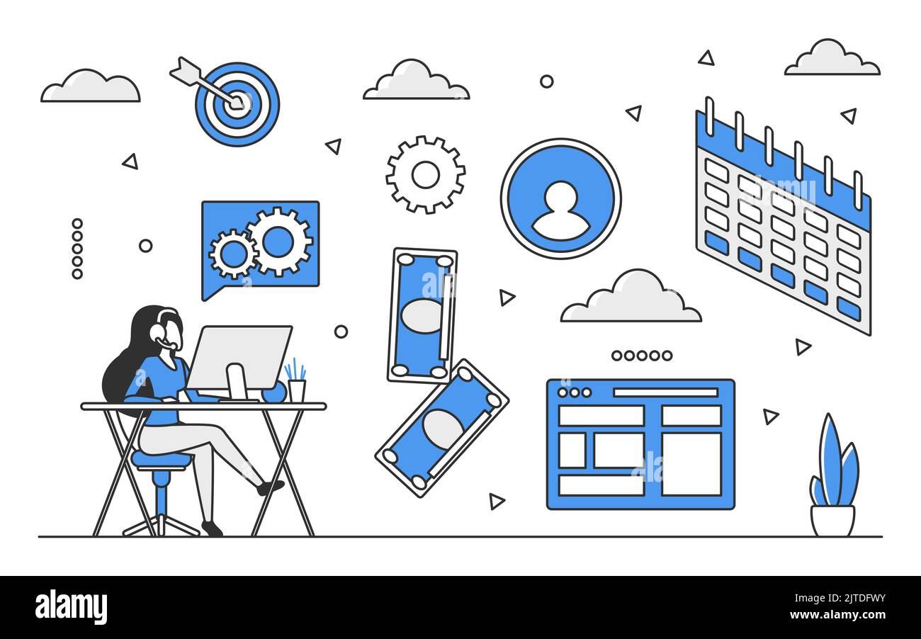 Remote work program. Freelance employee, home workstation place vector monocolor illustration Stock Vector