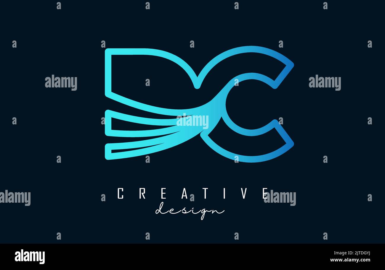 Outline blue letter DC d c logo with leading lines and road concept ...