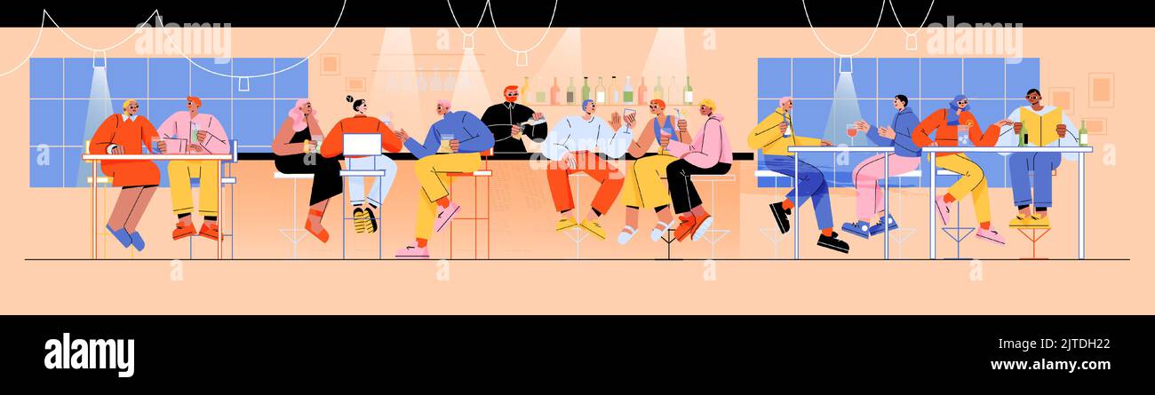 People drinking alcohol in bar, young couple dating, company friends celebrate party. Male and female characters communicate sit on high chairs at desk with barista, Line art flat vector illustration Stock Vector