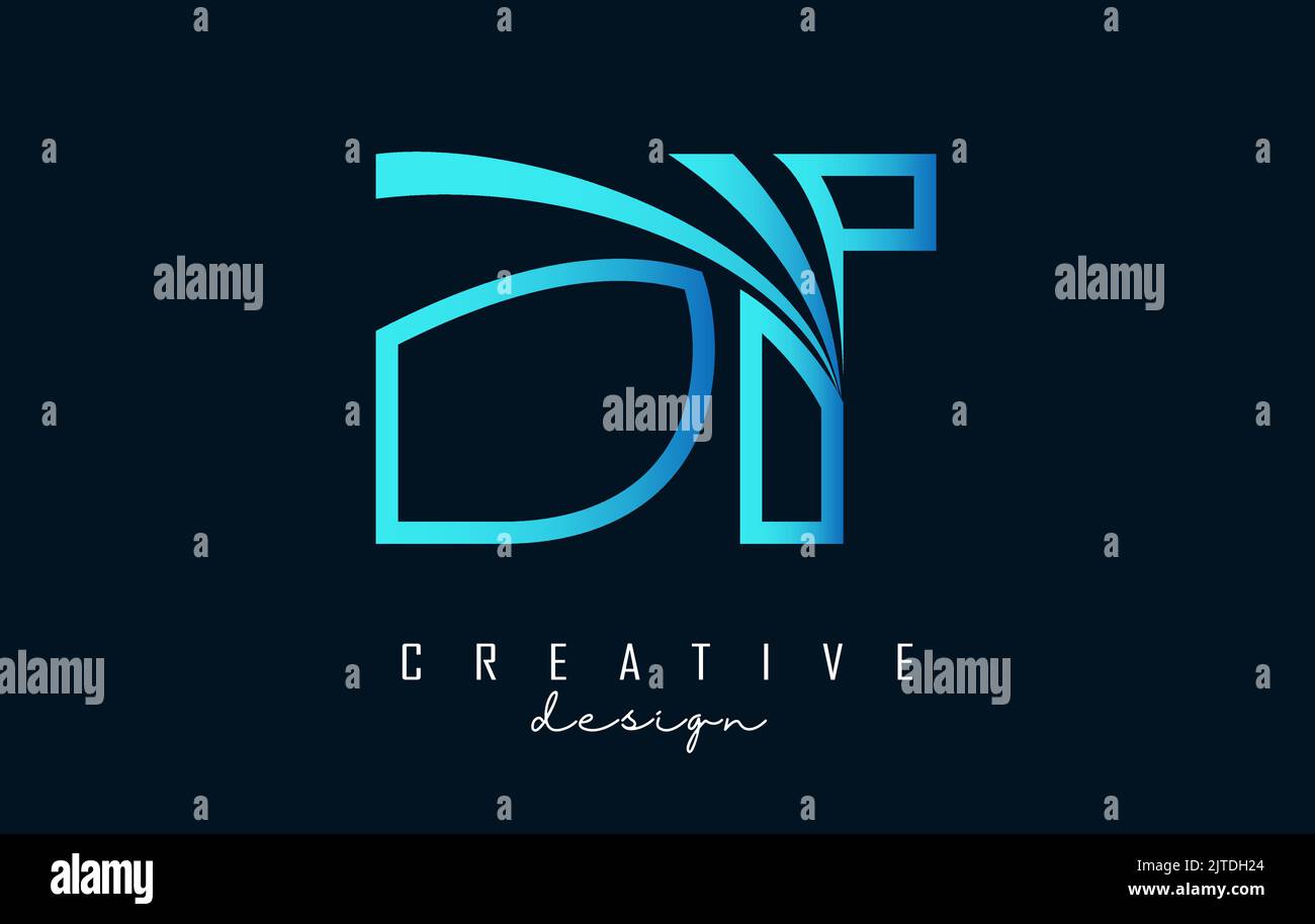 Outline blue letter DT d t logo with leading lines and road concept ...