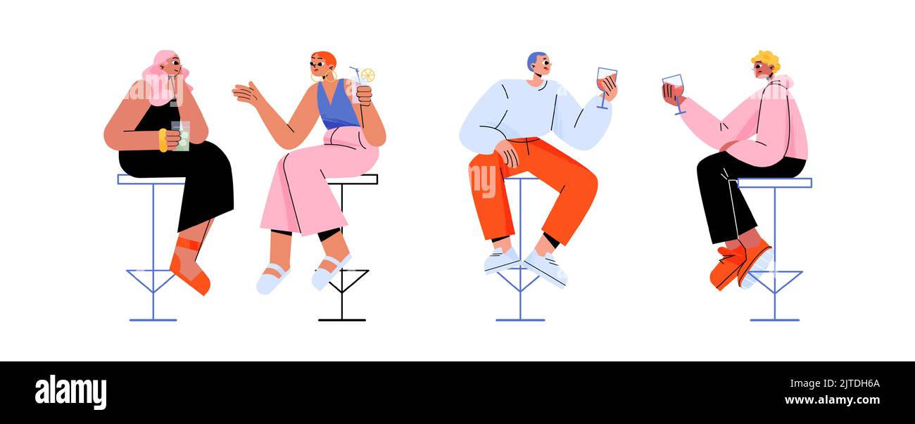 People in bar sitting on high chairs drinking alcohol or refreshing beverages. Young male and female characters with wineglasses communicate, dating, celebrate party, Line art flat vector illustration Stock Vector