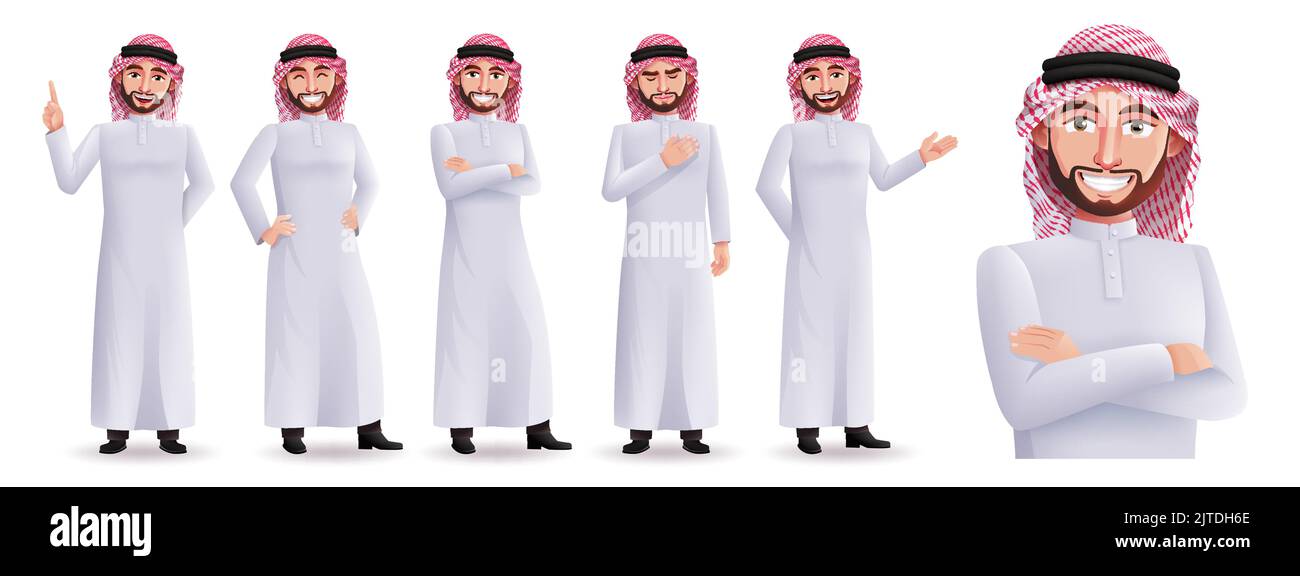 Saudi arab man vector character set. Business characters isolated in white background in standing pose and gestures for arabian people design. Stock Vector