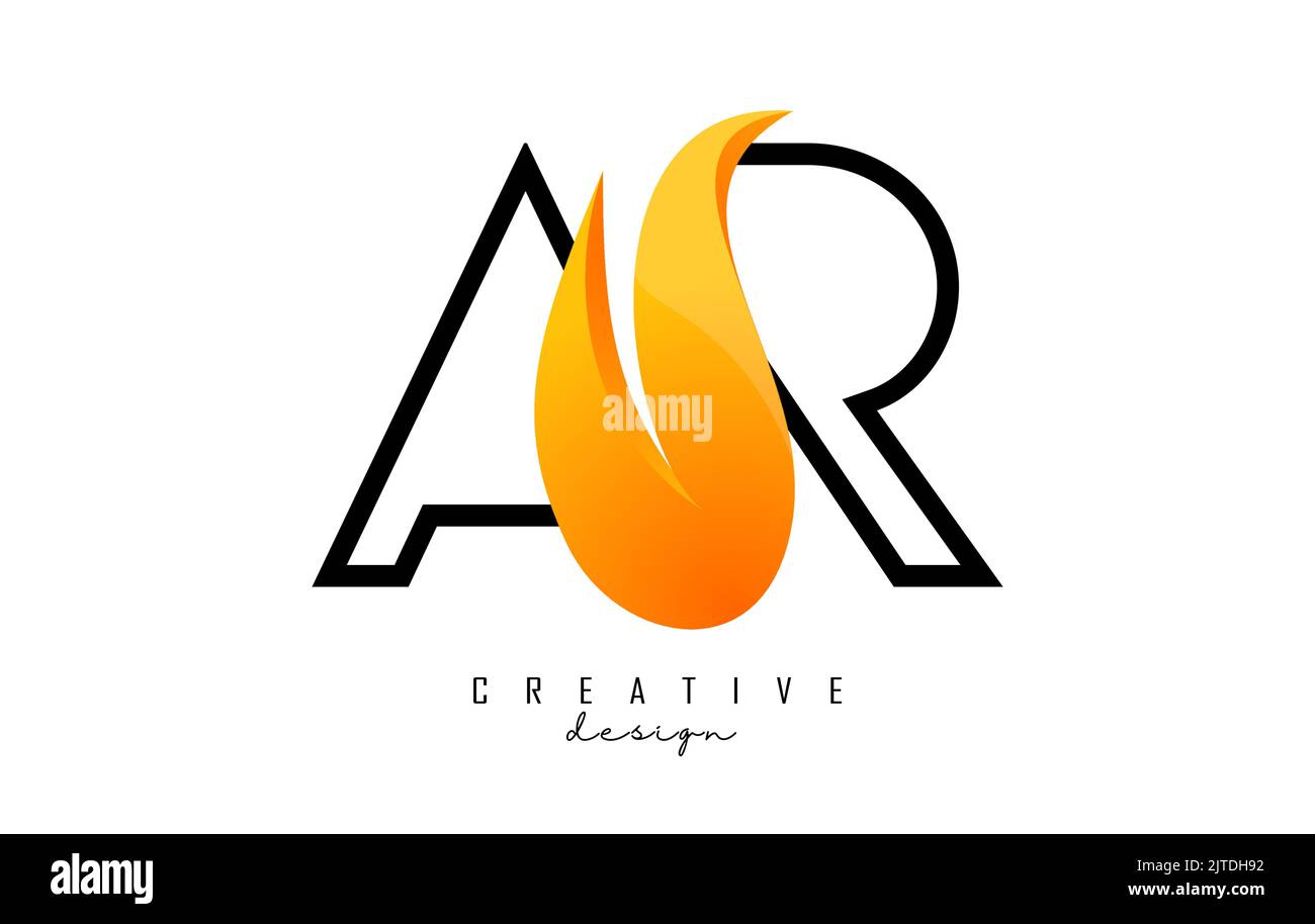 Outline Vector illustration of abstract letters AR a r with fire flames and Orange Swoosh design. Letters A and B logo with creative cut and shape. Stock Vector