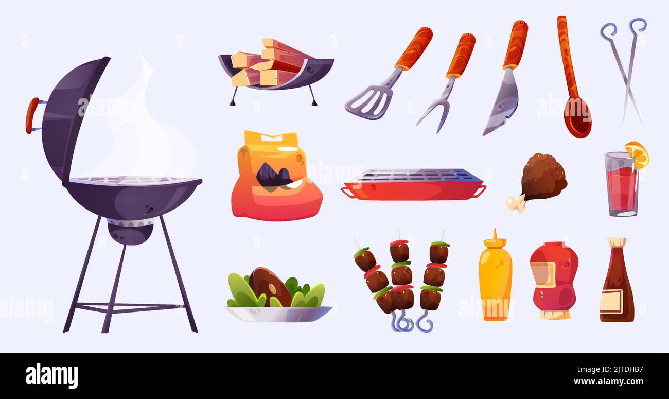 Barbecue party set with bbq grill, roast meat, sauces, fork, knife and