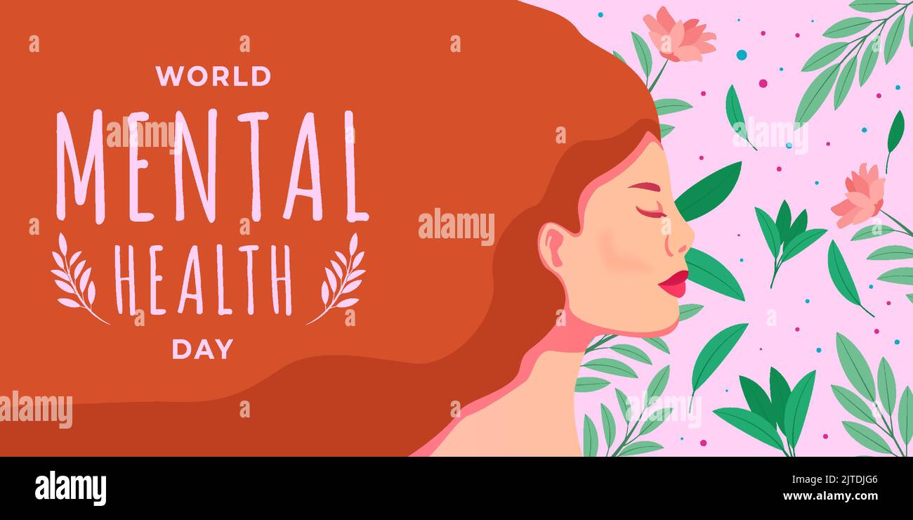 world mental health day horizontal banner with a woman and floral Stock