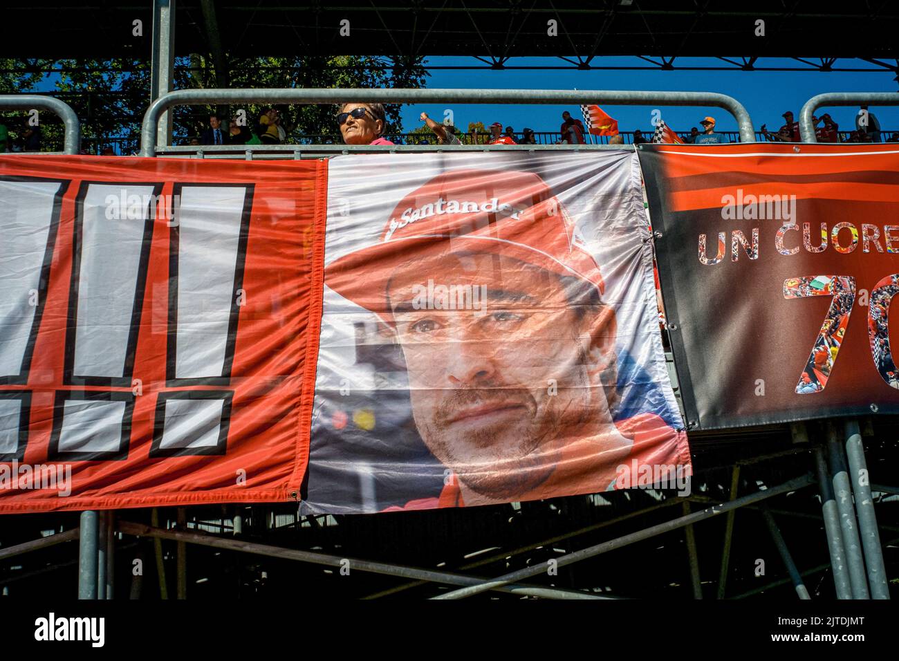 Monza, Italy. 03rd Sep, 2017. A Scuderia Ferrari flag with a portrait of Fernando Alonso hangs in the grandstand at the start of the 2017 Italian Grand Prix in Monza. Scuderia Ferrari celebrates its 70th anniversary at the 2017 Italian Grand Prix. Lewis Hamilton (Mercedes) won the race from pole position (his 69th, which broke the record held by Michael Schumacher) ahead of his teammate Valtteri Bottas. Sebastian Vettel's Ferrari finished more than 30 seconds behind the two Mercedes. (Photo by Laurent Coust/SOPA Images/Sipa USA) Credit: Sipa USA/Alamy Live News Stock Photo