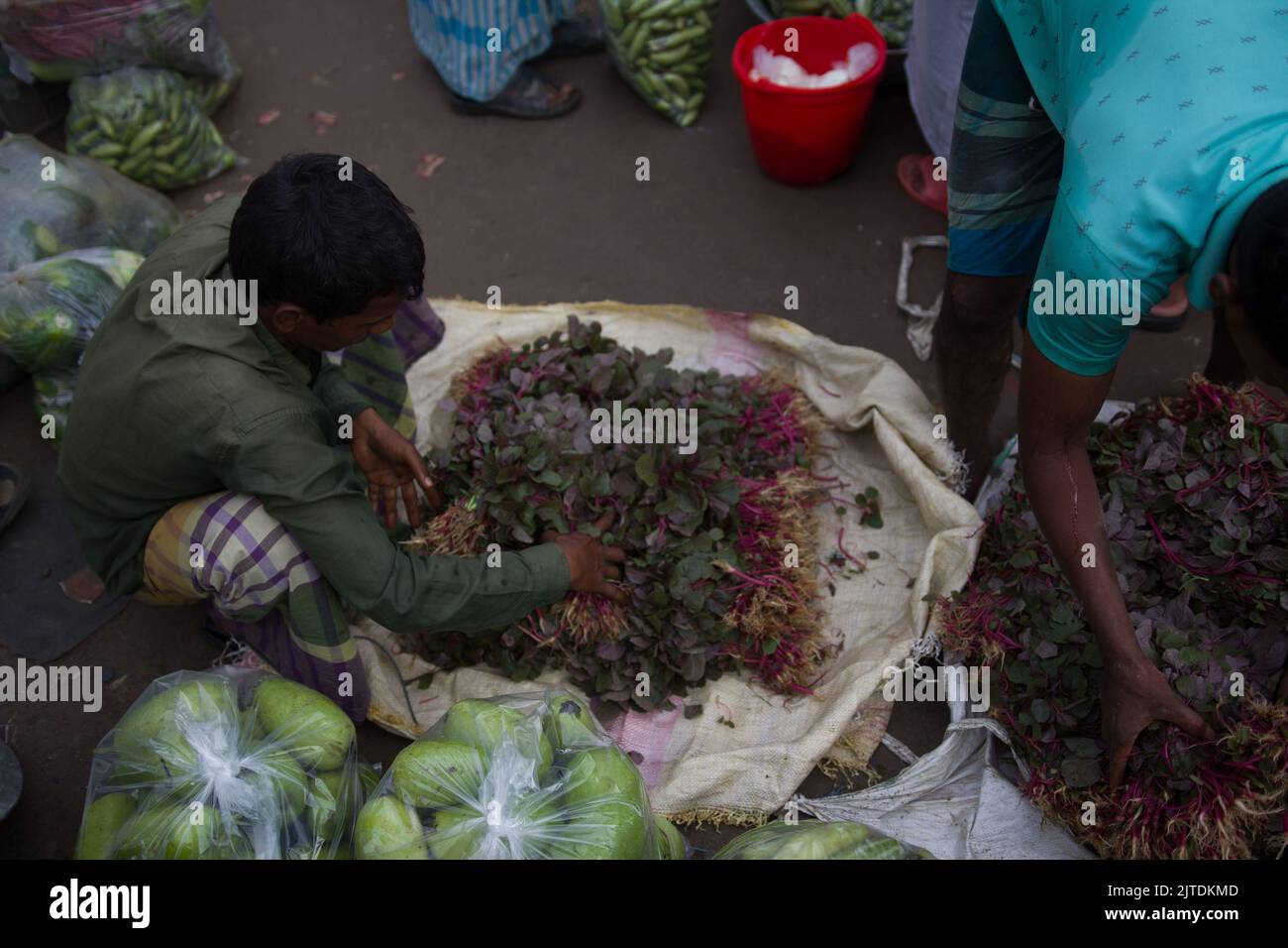 A scenery of a rural vegetable market at Kalatia, near Dhaka. Farmers are selling their fresh vegetables to traders—this is garden-fresh production. Stock Photo
