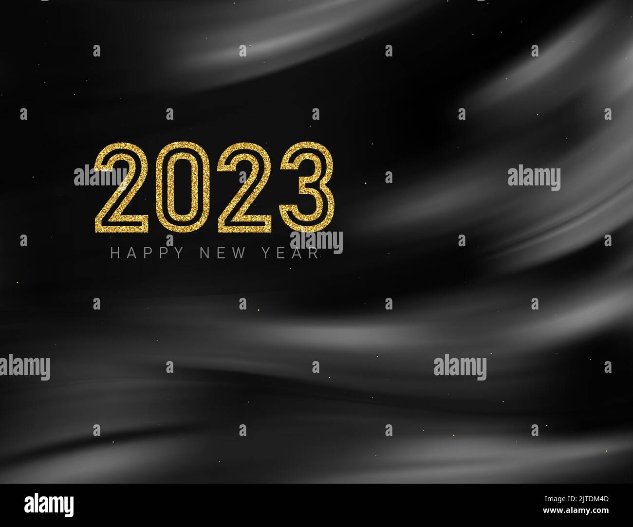 Black wavy silk background with 2023 new year gold glitters. Vector ...
