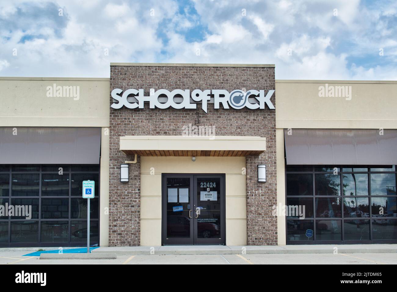 Houston, Texas USA 12-05-2021: School of Rock building exterior in Houston, TX. Musical education program company, global franchise founded in 2002. Stock Photo
