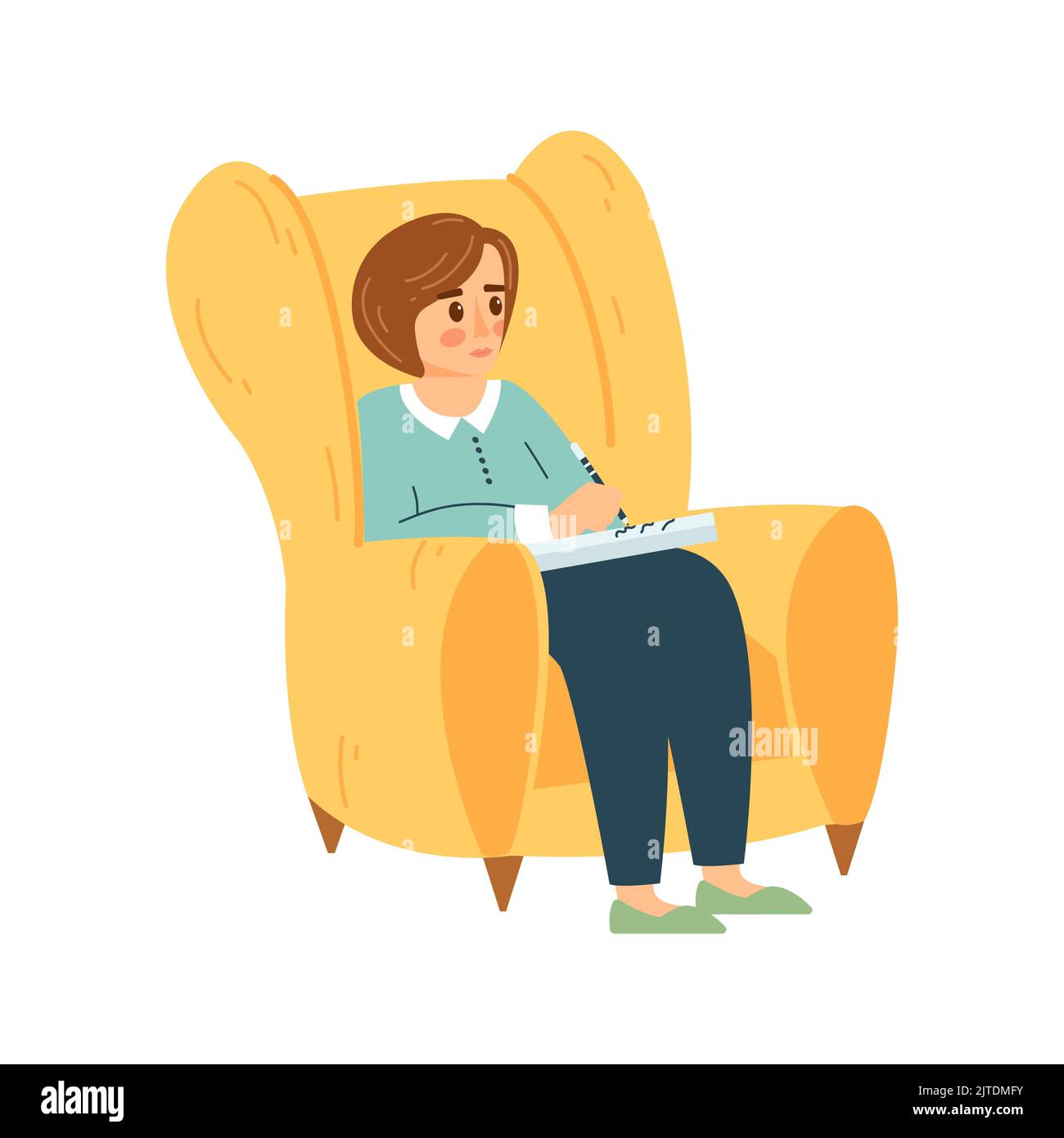 Woman in armchair writes in a notebook. Vector illustration of student girl, female character studies in cartoon flat style. Stock Vector