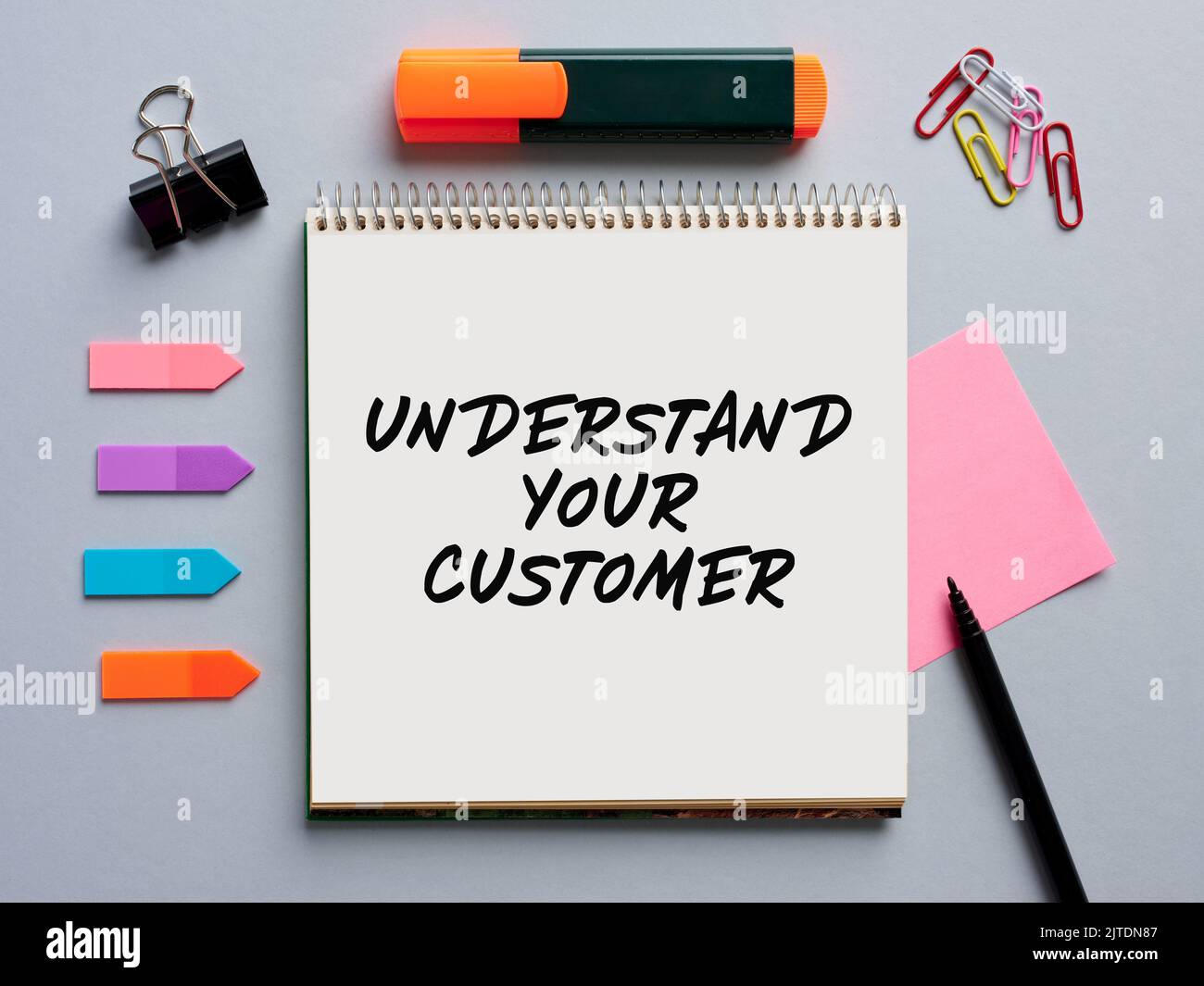The message understand your customer written on a notebook on office desktop. Customer care in business concept. Stock Photo