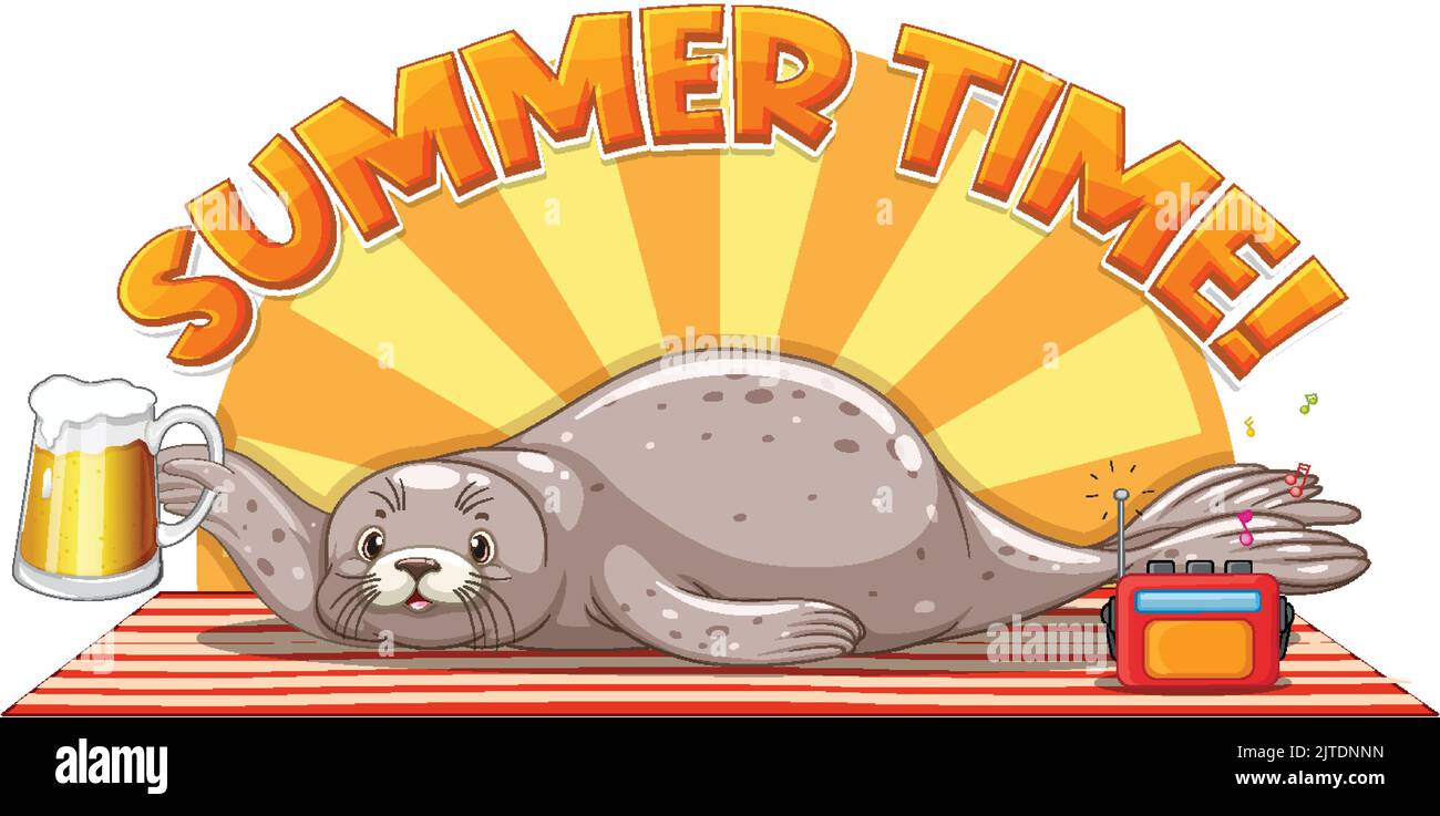 Seal Cartoon Character With Summer Time Word Illustration Stock Vector