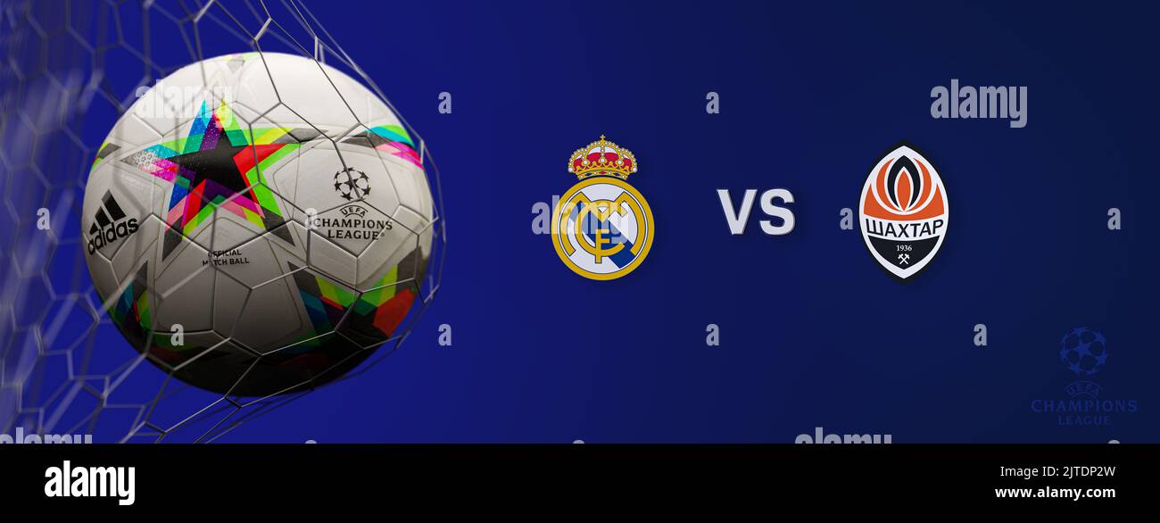 Guilherand-Granges, France - August 30, 2022. UEFA Champions League. Soccer ball in net with official logo of the Champions League. Match : Real Madri Stock Photo