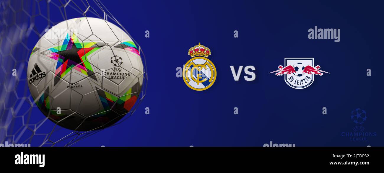 Guilherand-Granges, France - August 30, 2022. UEFA Champions League. Soccer ball in net with official logo of the Champions League. Match : Real Madri Stock Photo