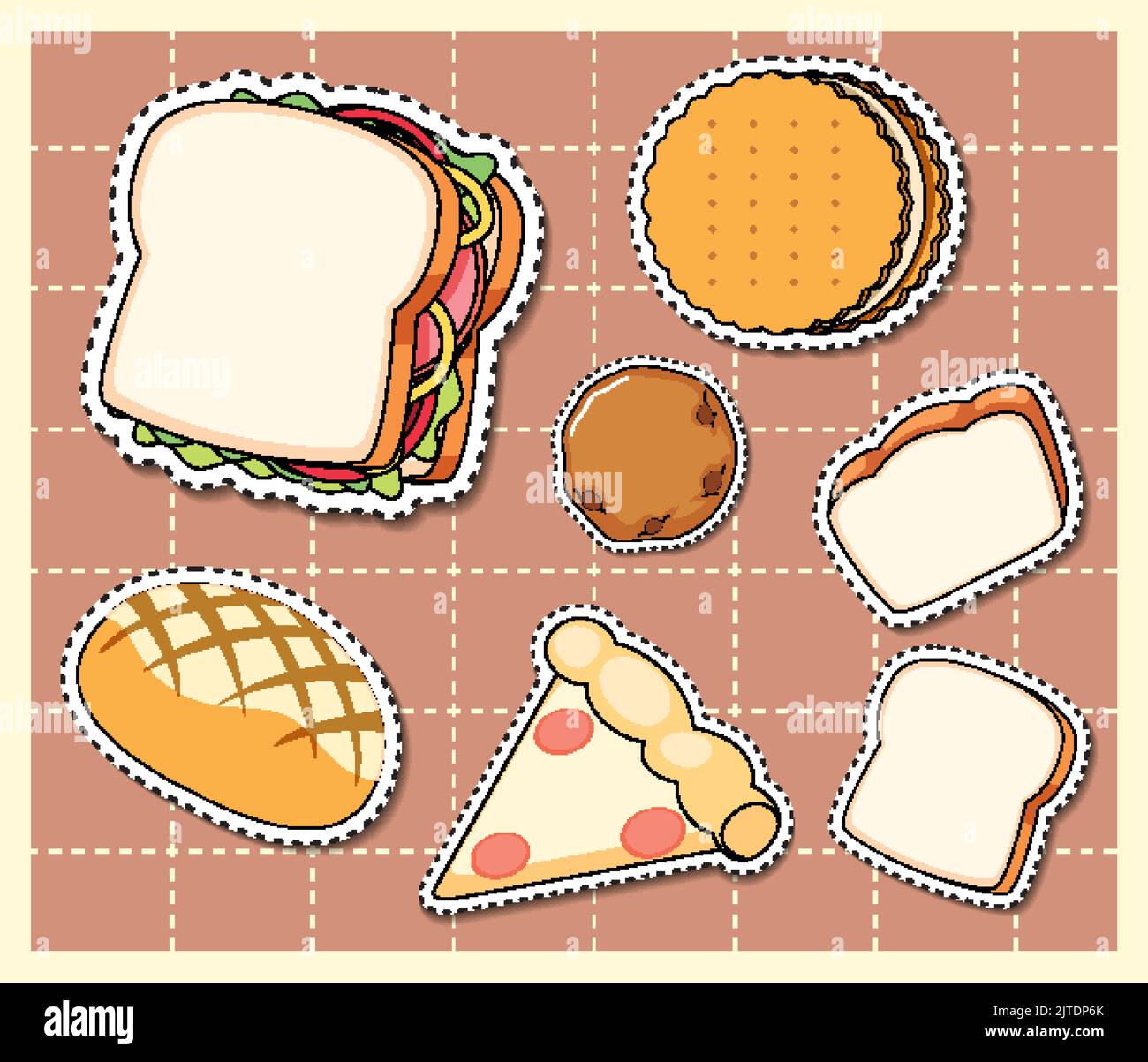 Mixed food cartoon sticker on grid background illustration Stock Vector ...