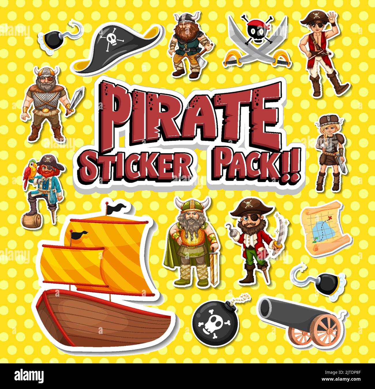 Sticker pack of pirate cartoon characters and objects illustration ...