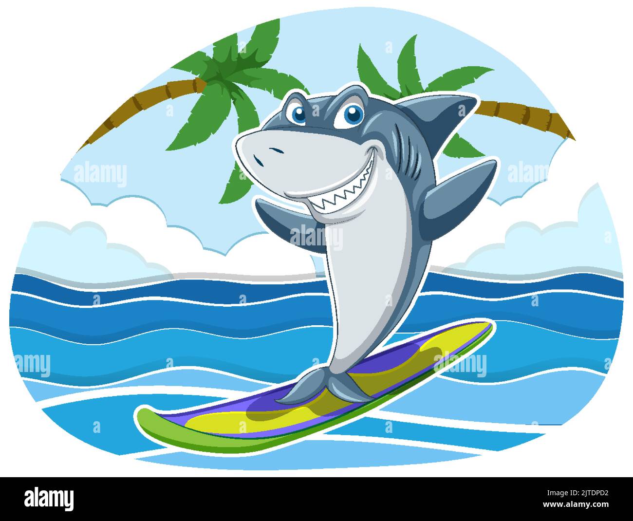 Cute shark surfing cartoon ocean scene illustration Stock Vector Image ...