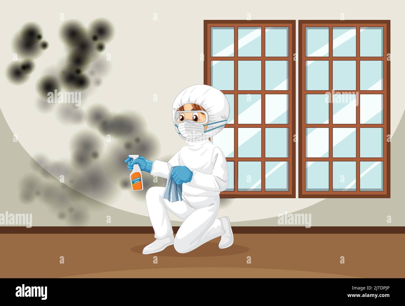 Man in protective hazmat suit cleaning mold on the wall illustration