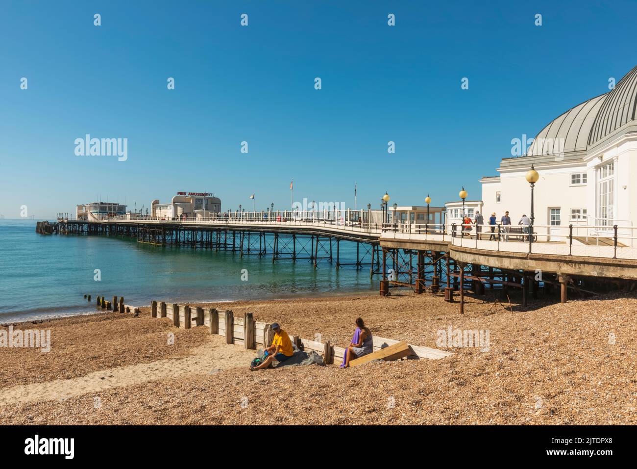 England, West Sussex, Worthing, Worthing Pier and Beach Stock Photo