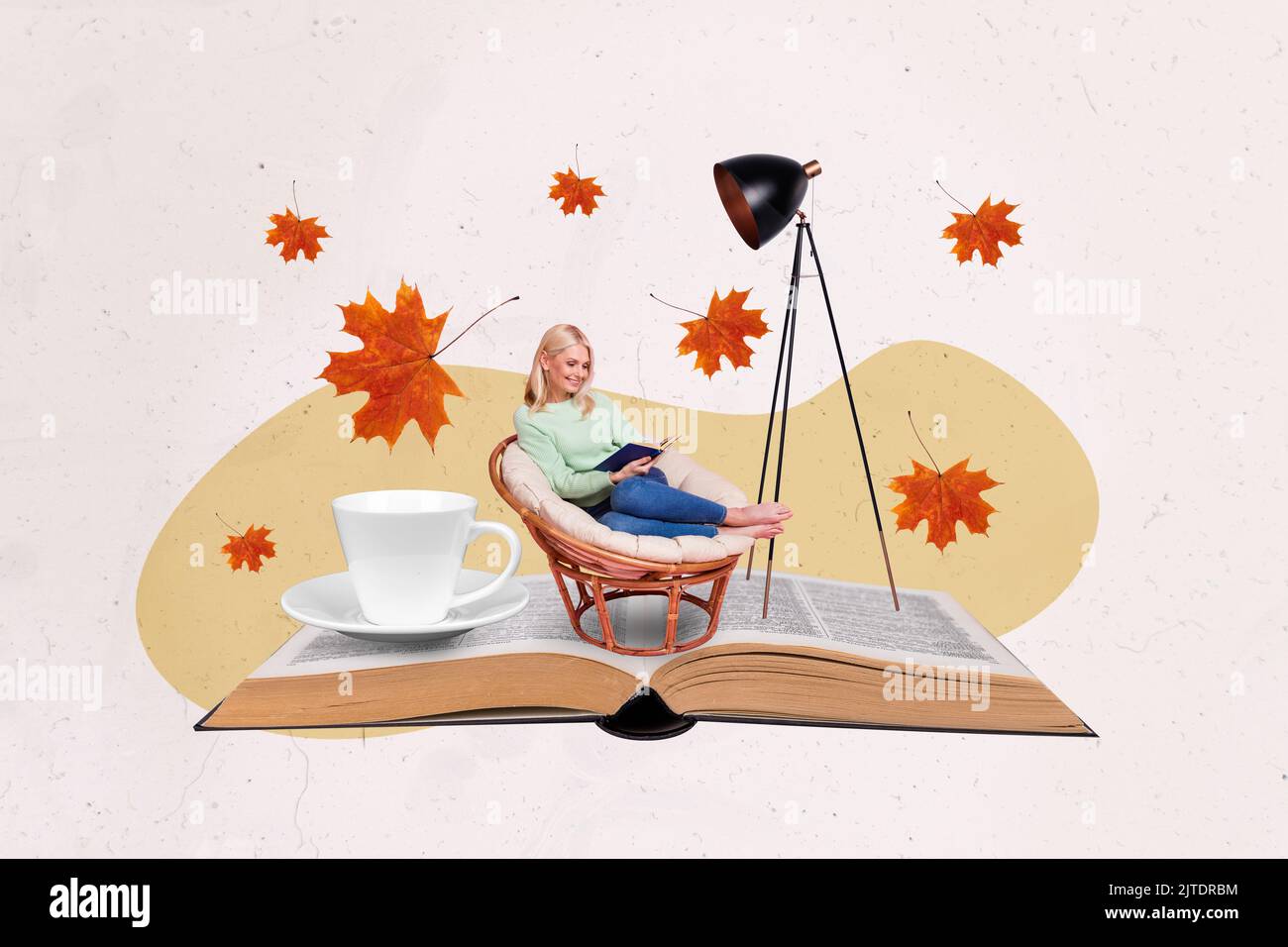 Creative collage photo of woman sit in chair read book resting relaxing drink cacao autumn leaves fall isolated on beige color background Stock Photo