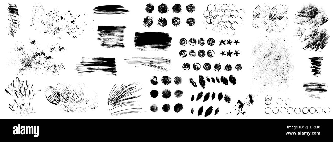 Set of hand drawn grunge ink brush stroke. Dirty black texture for ...