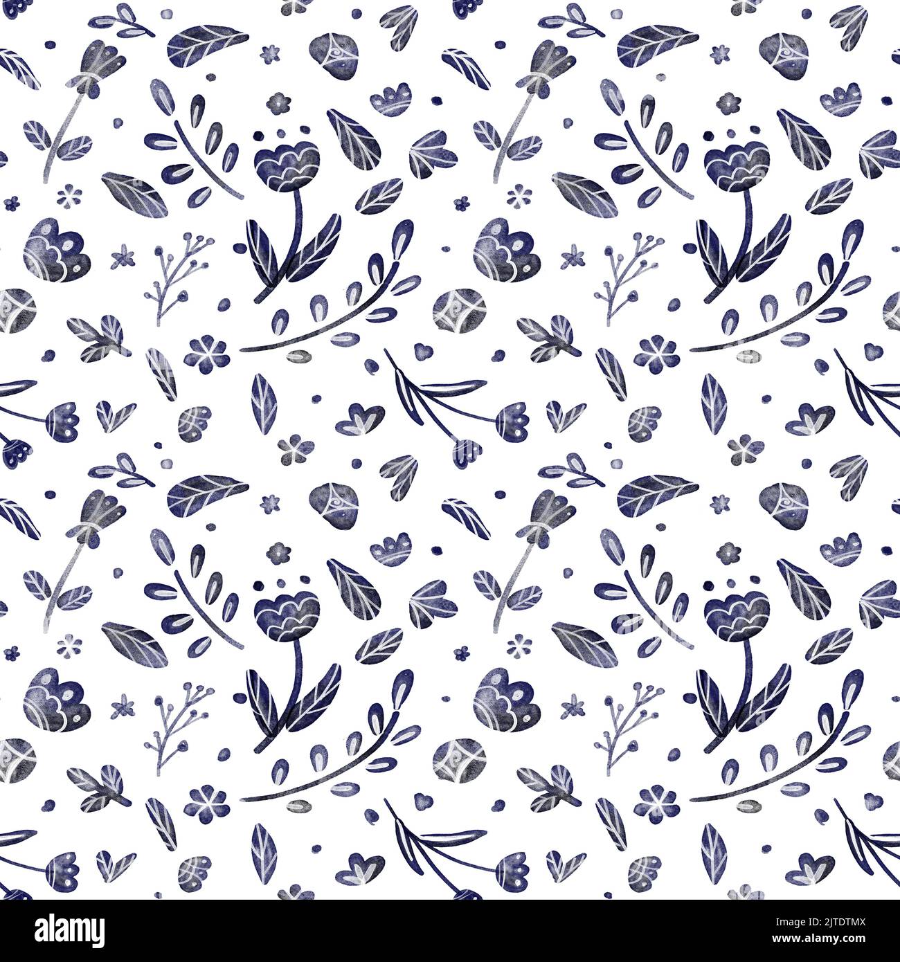 Seamless pattern with blue flowers and leaves on white background ...