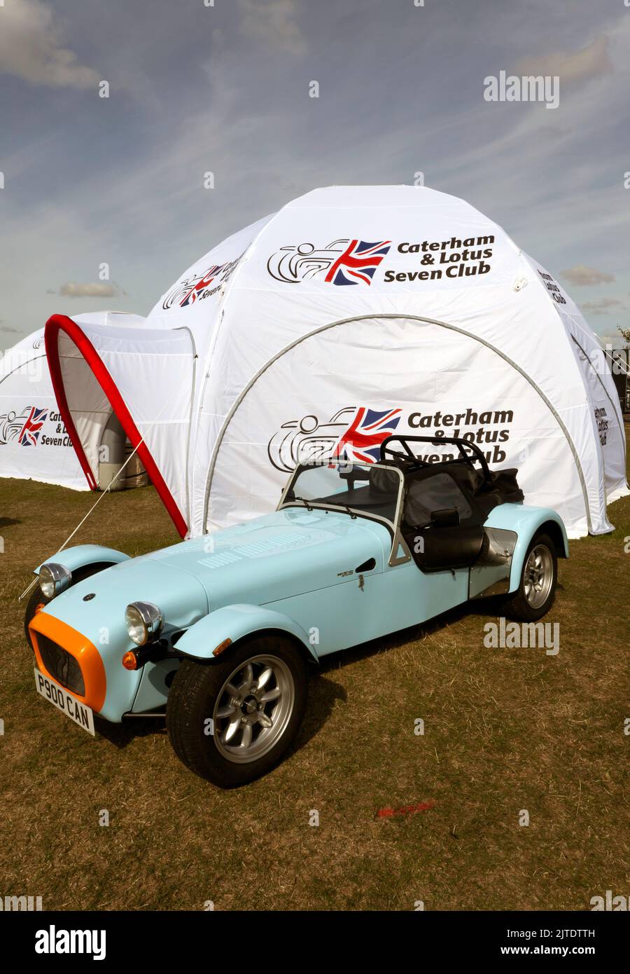 Three-quarters front view of a Blue, 2017,  Caterham 7, 270 S, in front of the Caterham and Lotus Seven Club Tent, at the 2022 Silverstone Classic Stock Photo