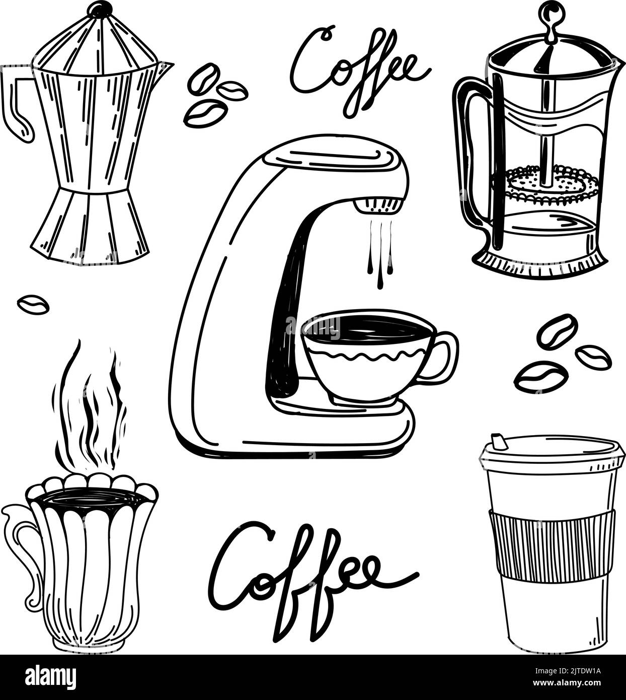 Set of handdrawn icons for coffee maker with coffee cup, French press
