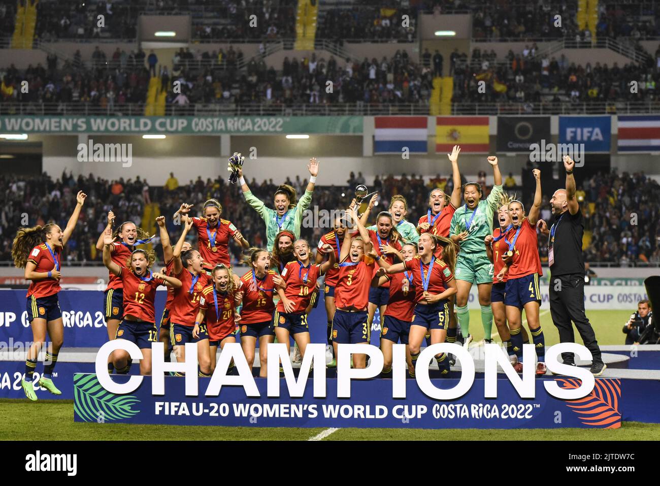 SAN JOSE, Costa Rica: Spain players celebrate with the champion’s trophy and medals after the final match played between Spain and Japan for the champ Stock Photo