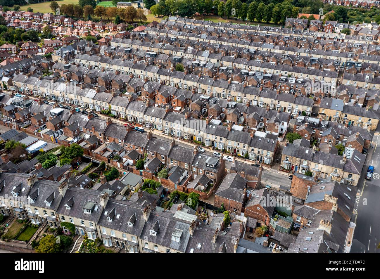 Aerial view of old terraced houses on back to back streets in the suburbs of a large UK city Stock Photo