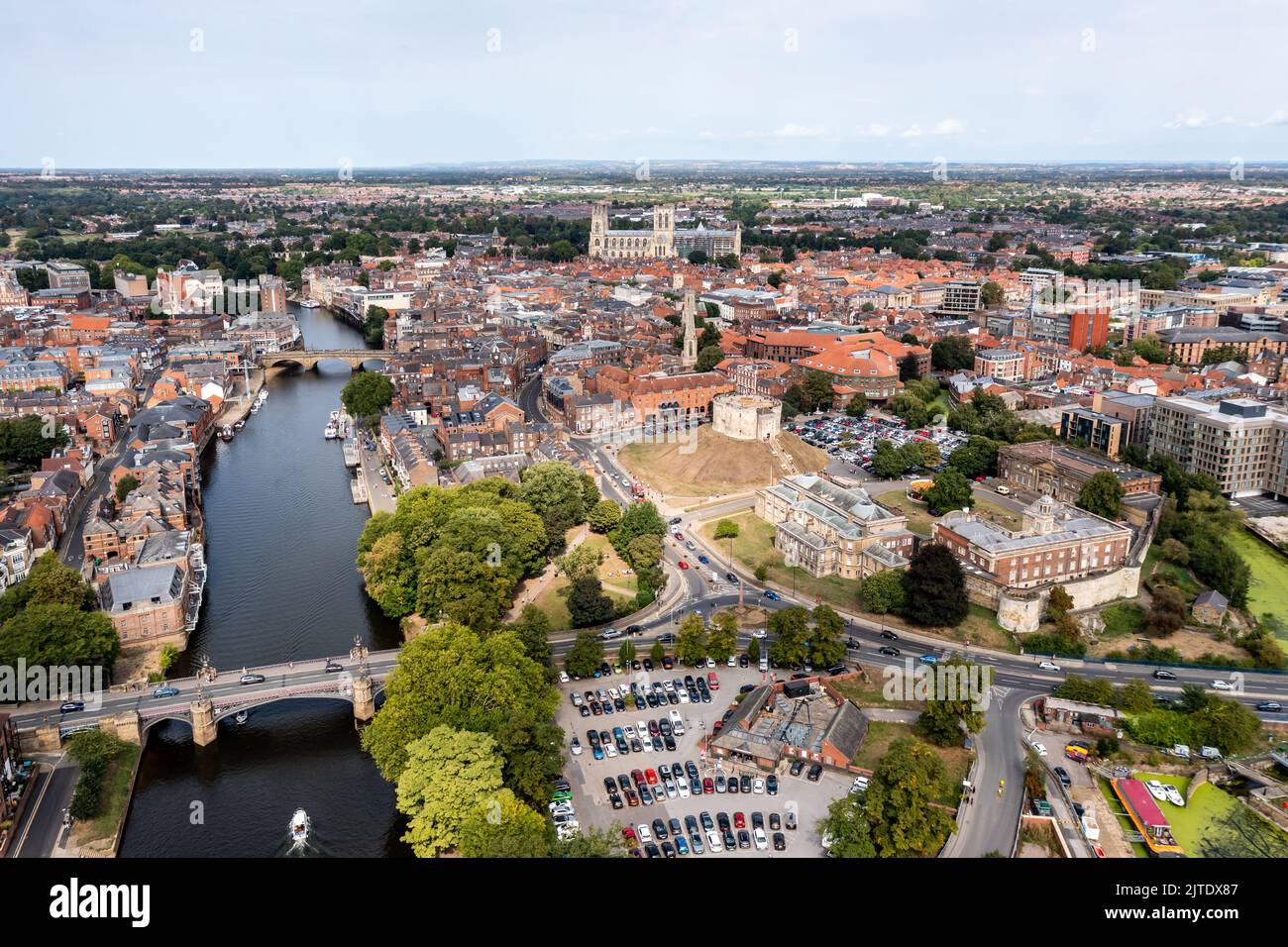 YORK, UK - AUGUST 28, 2022.  An aerial panoramic landscape of the River Ouse flowing through the historic city of York Stock Photo