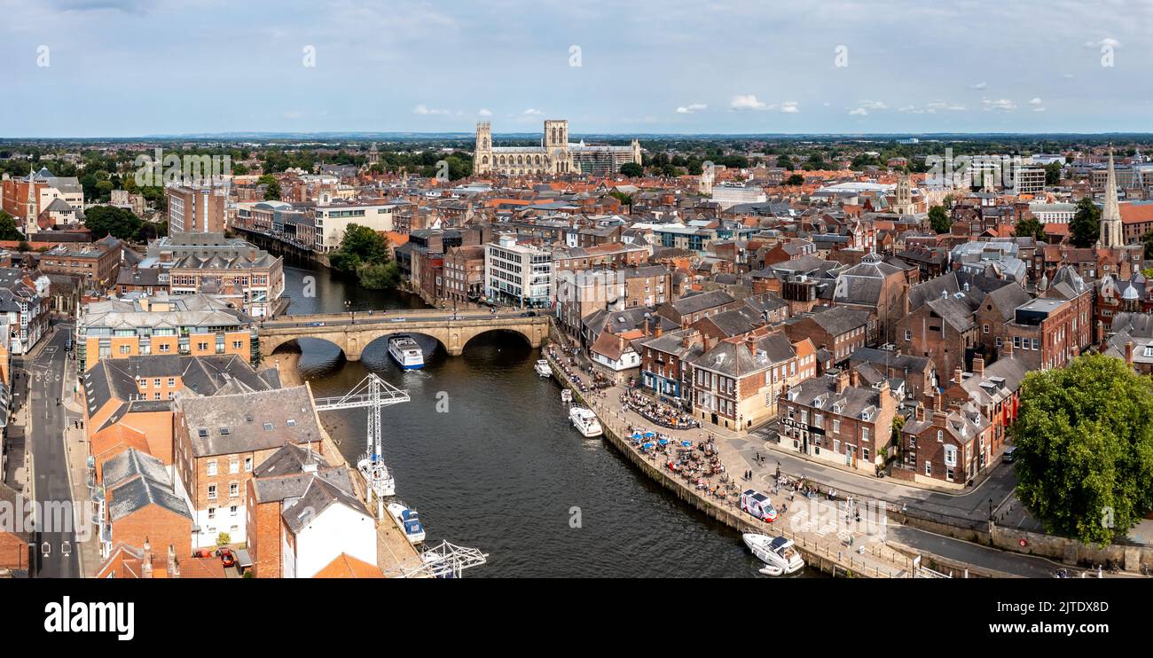 YORK, UK - AUGUST 28, 2022.  An aerial panoramic landscape of the River Ouse flowing through King's Staith in the historic city of York Stock Photo