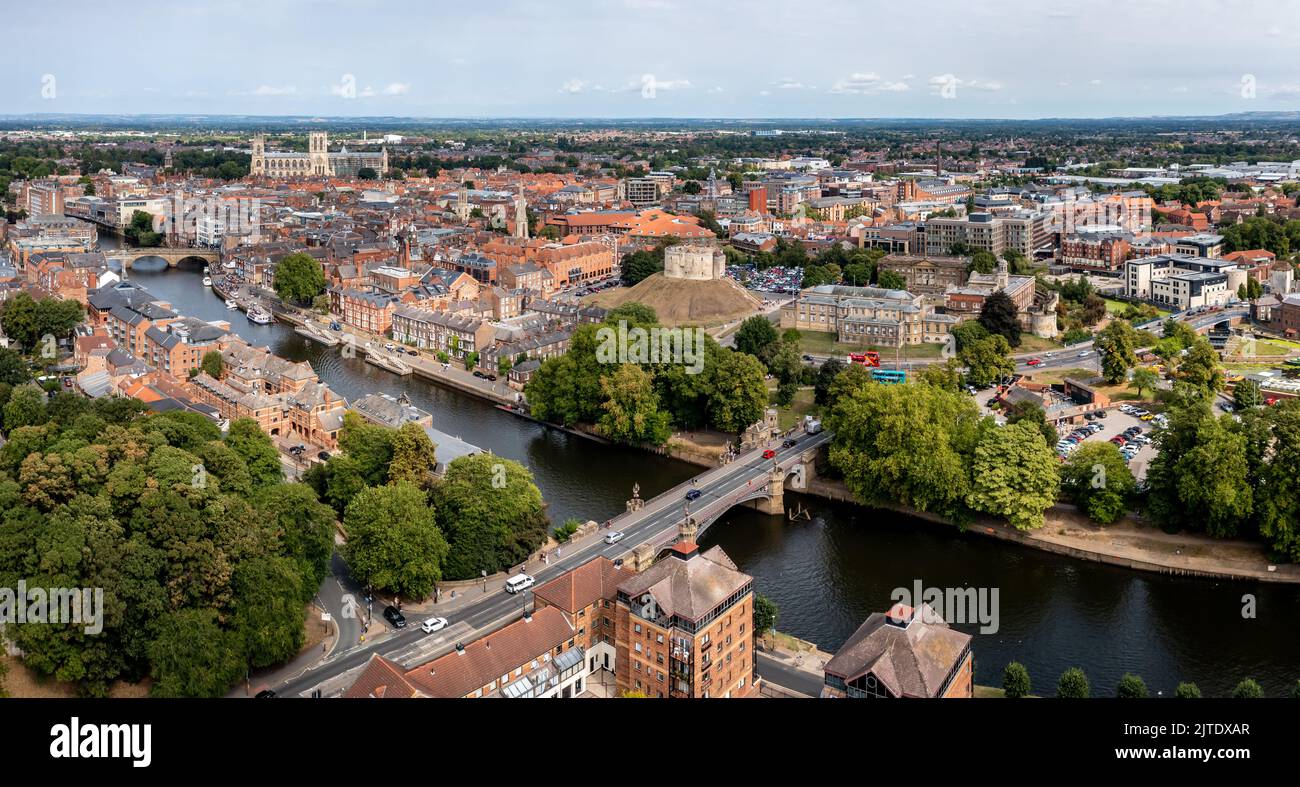 An aerial panoramic landscape of the River Ouse flowing through the historic city of York Stock Photo