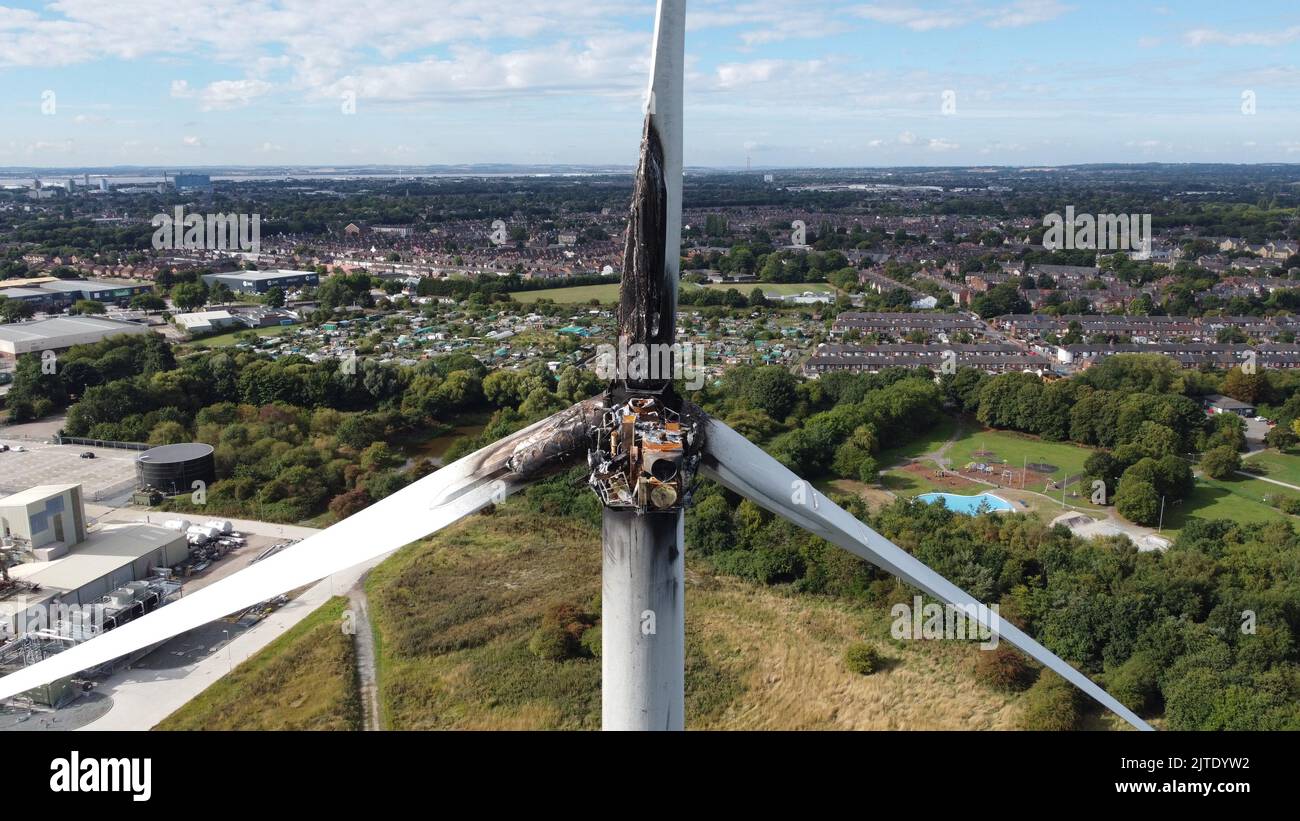 Aerial view of wind turbine fire damage, Cargill, Oak Road, Kingston
