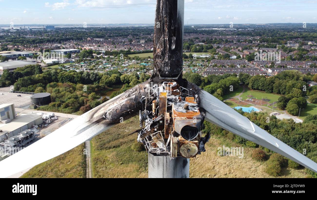 Aerial view of wind turbine fire damage, Cargill, Oak Road, Kingston