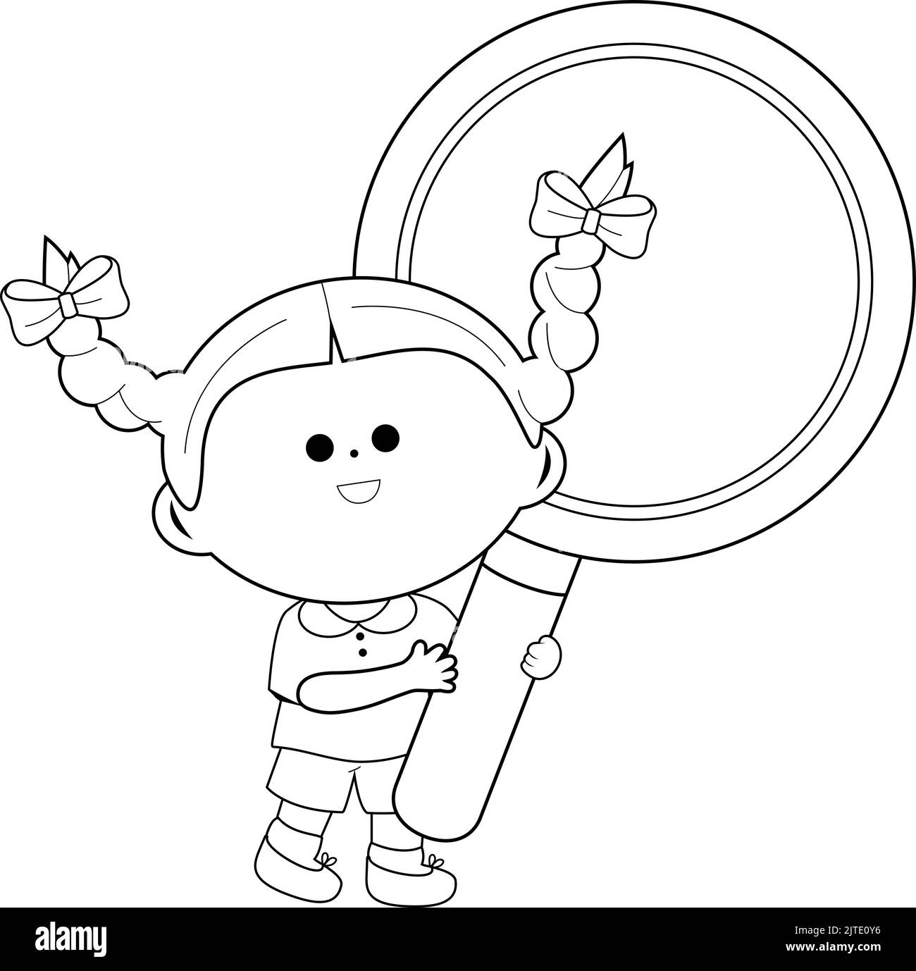 Child with a magnifying glass. Vector black and white coloring page Stock Vector