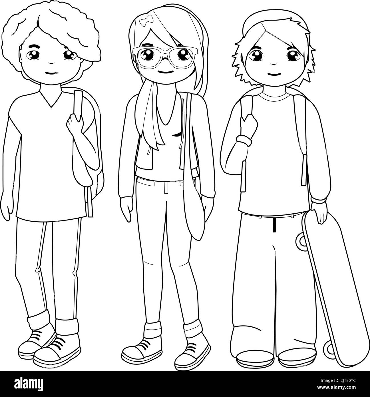 Group of teenager students. Vector black and white coloring page Stock Vector