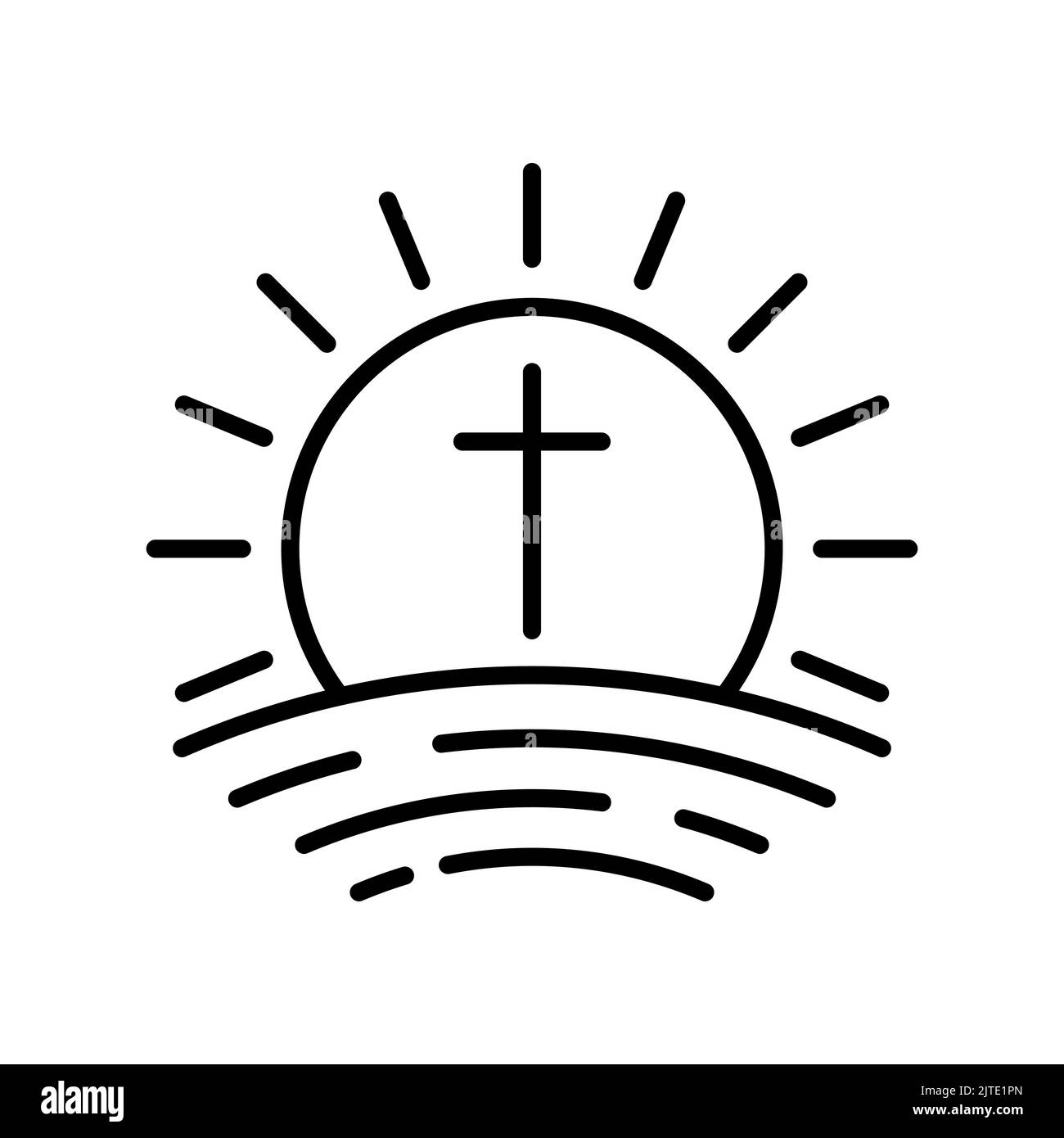 Sunrise icon with cross. Church logo icon. Black vector illustration