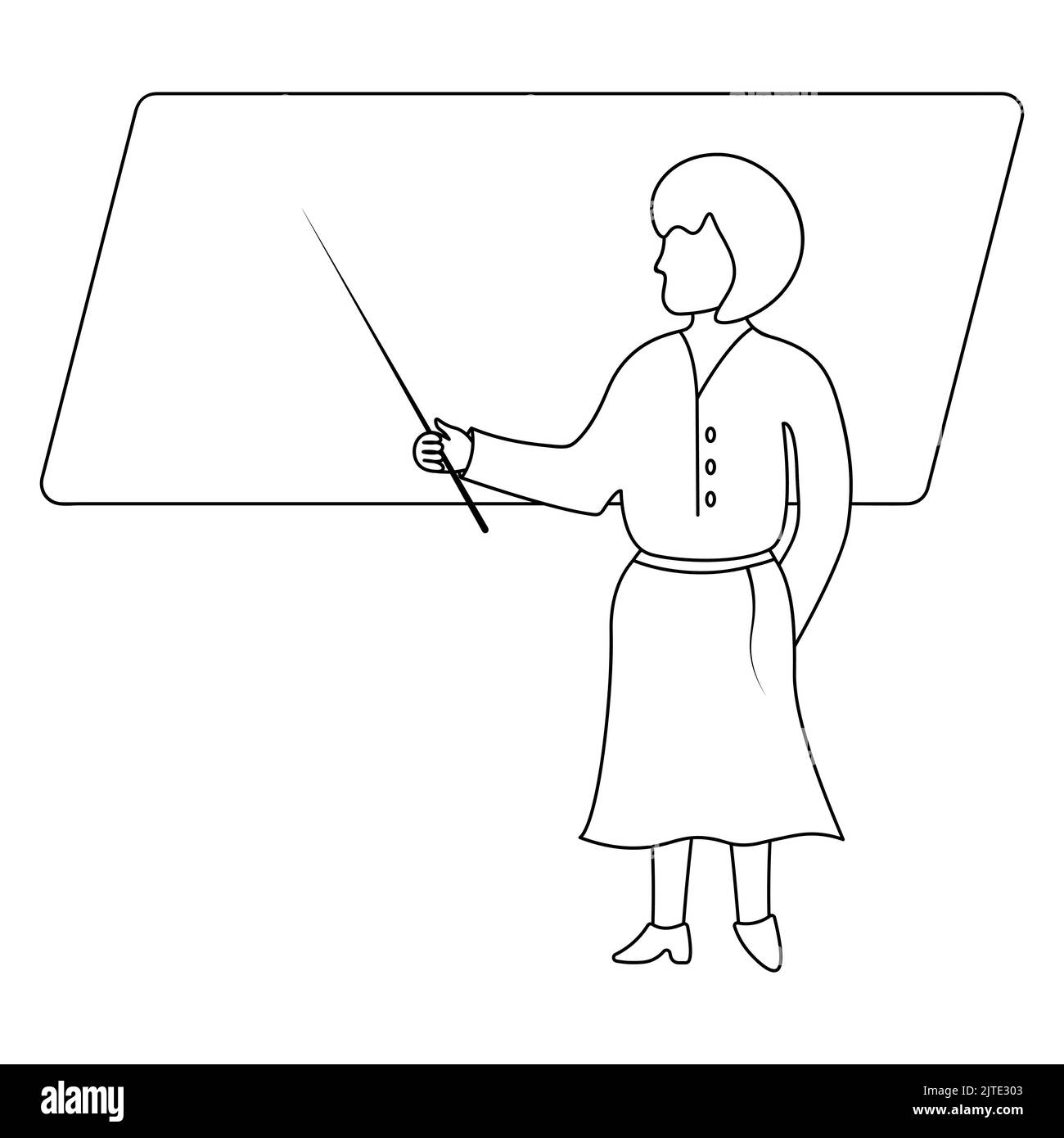 The teacher teaches a lesson at school. Sketch. A woman points to a blackboard with a pointer. Vector illustration. School theme. Coloring book Stock Vector