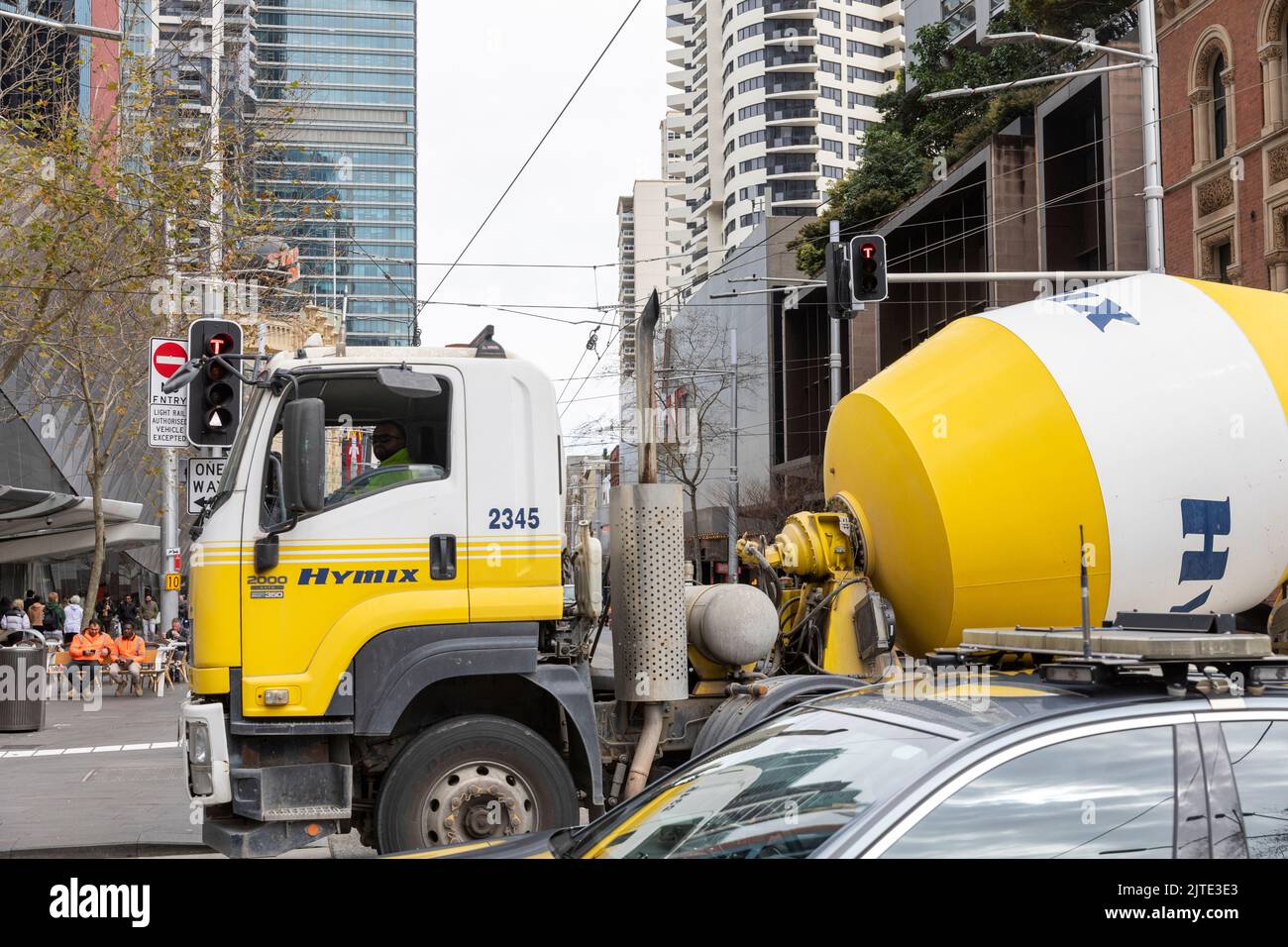 Hymix Ready Mix Concrete truck vehicle in Sydney city centre delivering
