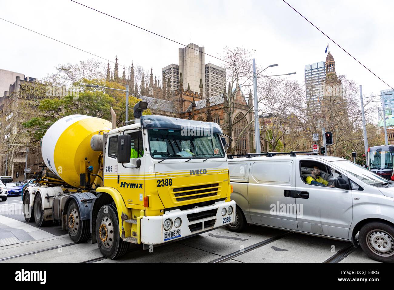 Hymix Ready Mix Concrete truck vehicle in Sydney city centre delivering