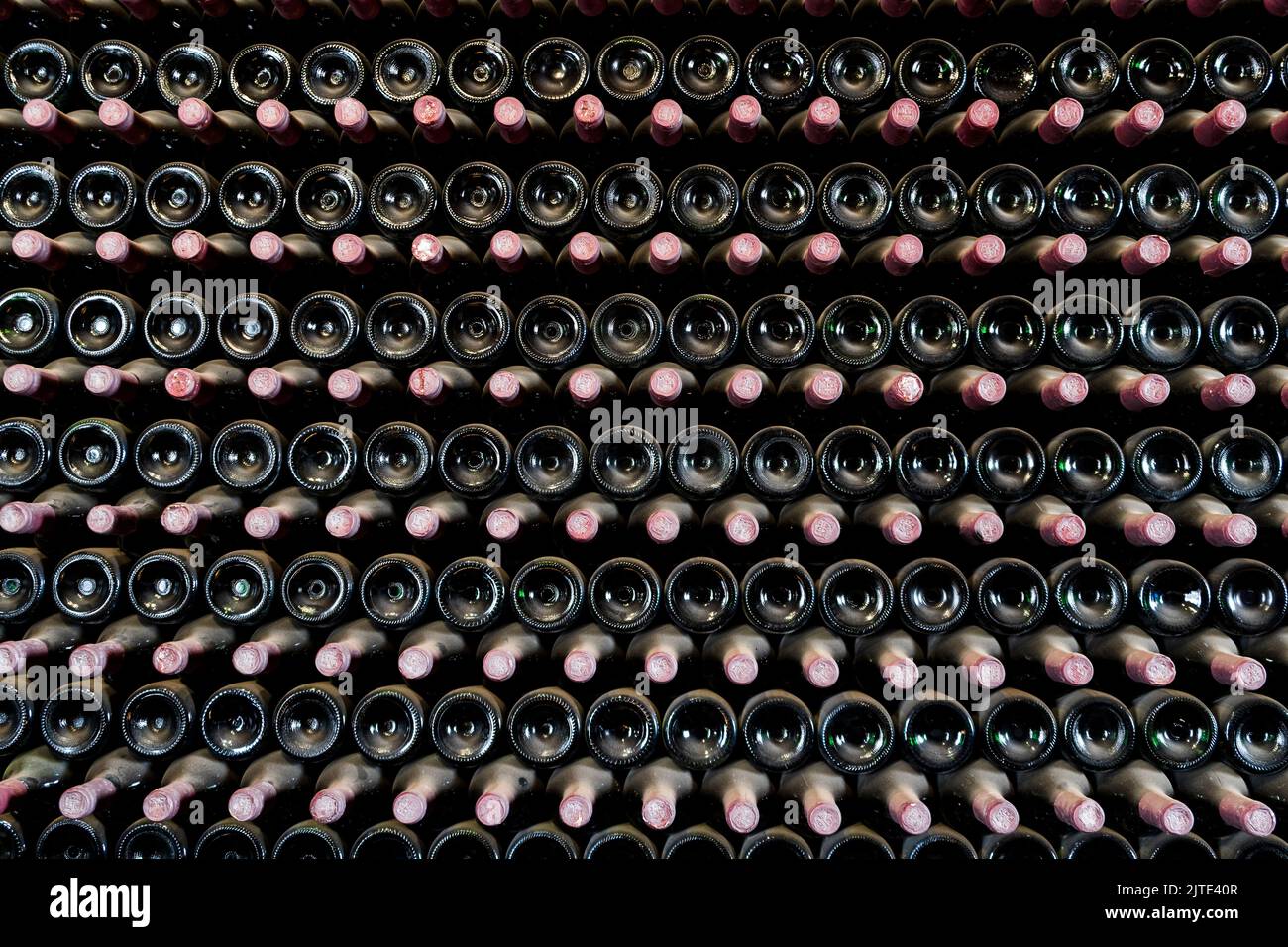 Many bottles in a row stacked on a winery shelf, Lanzarote, Spain Stock Photo